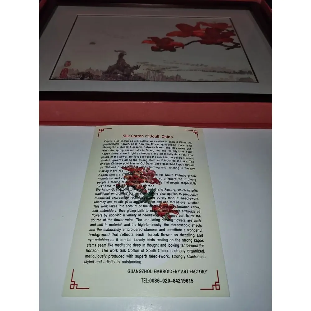 Cantonese Embroidery Kapok Silk Cotton Of South China Red Flowers Framed Decor